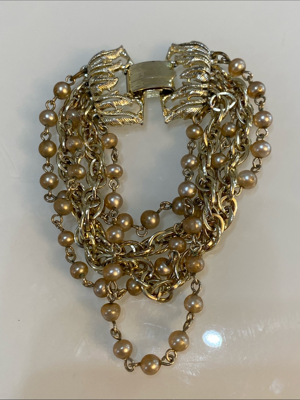 Vintage Signed Star 5 Strand Gray Pearl Beads Chains Rare Bracelet